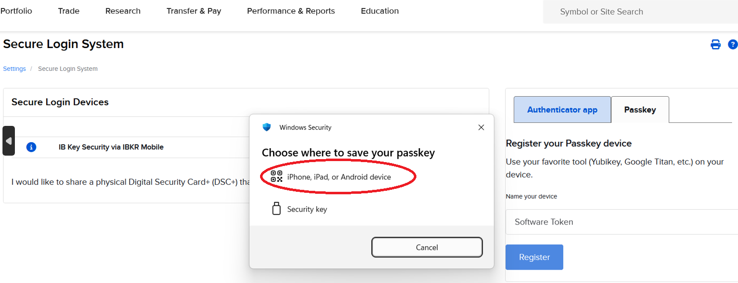 Choose Where to Save Passkey for Windows in Portal